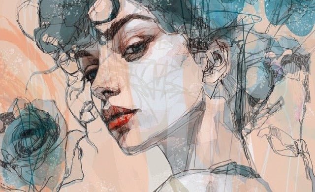 Female face wallpaper blue rose