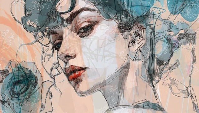 Female face wallpaper blue rose