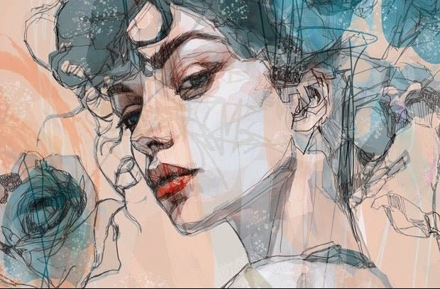 Female face wallpaper blue rose