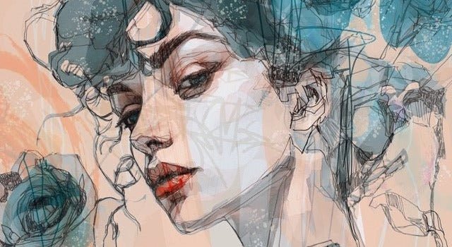 Female face wallpaper blue rose