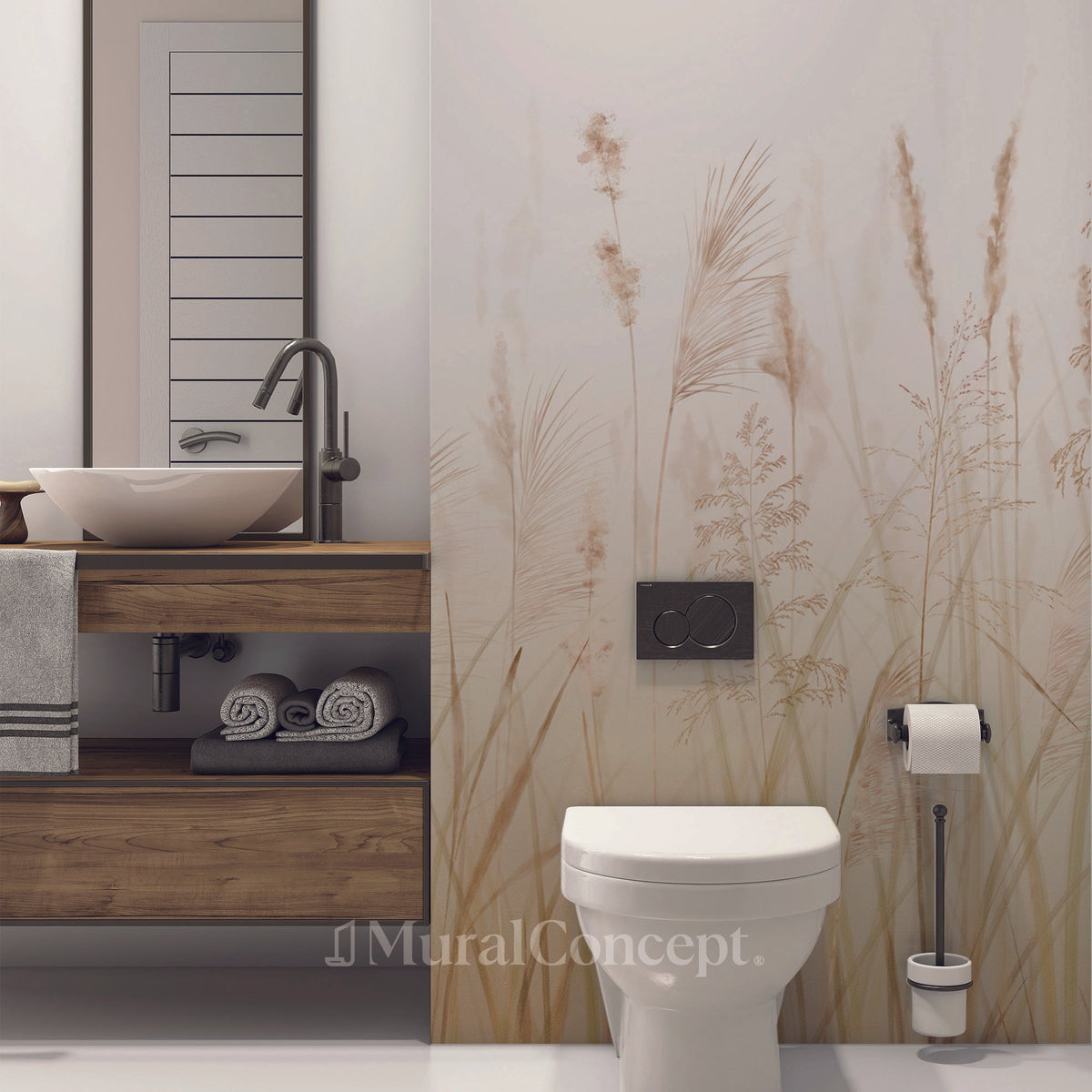 Beige wheat field flower wallpaper for the bathroom