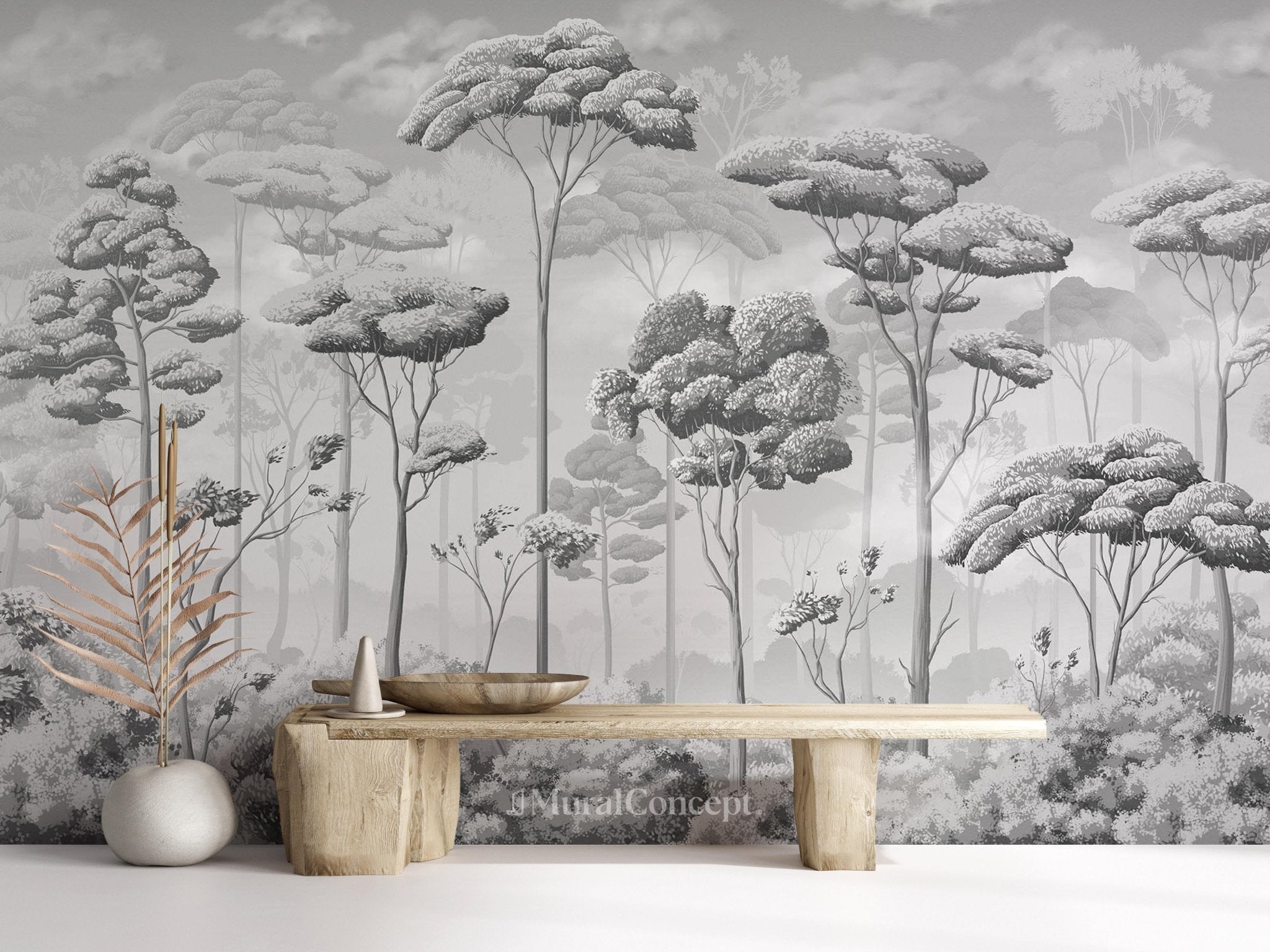 Papier peint panoramique pinèdes noir et blanc - panoramique français