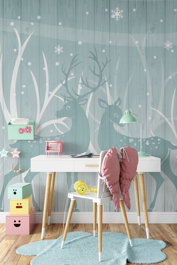 Papier peint tendance biche forêt bleue - Muralconceptpapier_peint_sur_mesure