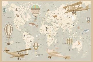 Papier peint enfant carte du monde aviateur