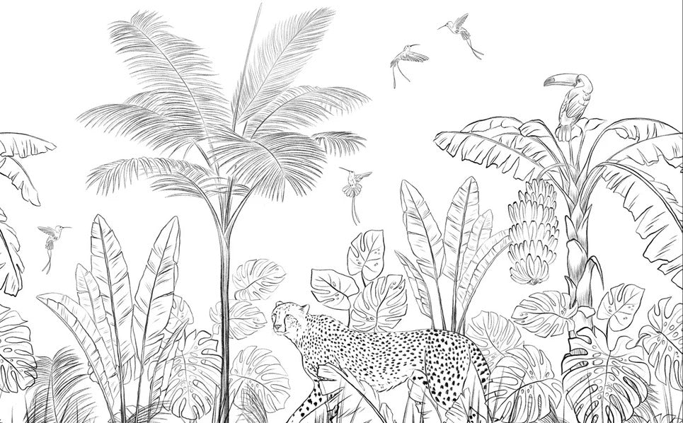 Papier peint jungle noir et blanc léopard