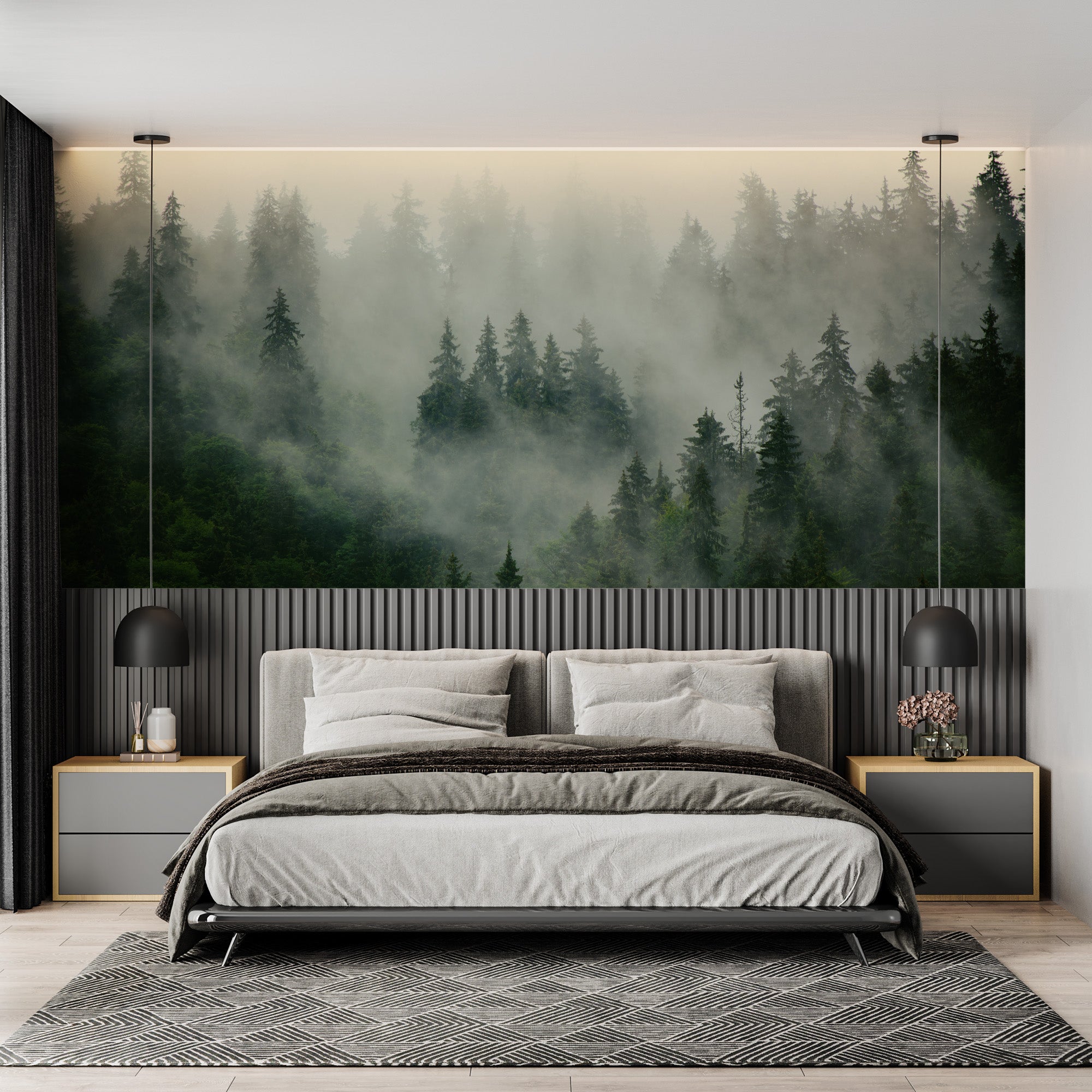 Papier peint forêt brumeuse verte - Muralconcept