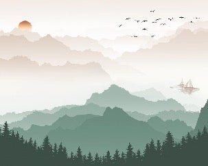 Papier peint montagne dans brume terracotta