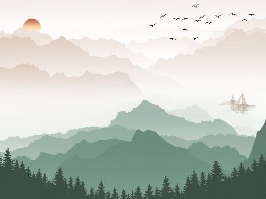 Papier peint montagne dans brume terracotta