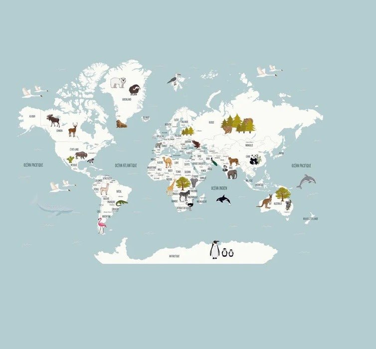Papier peint Carte du monde en Francais enfant bleu glacier, XXL, tendance