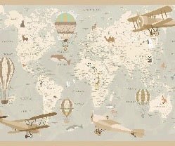 Papier peint enfant carte du monde aviateur