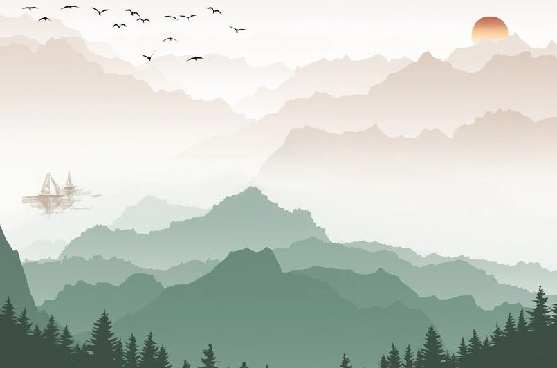 Papier peint montagne dans brume terracotta