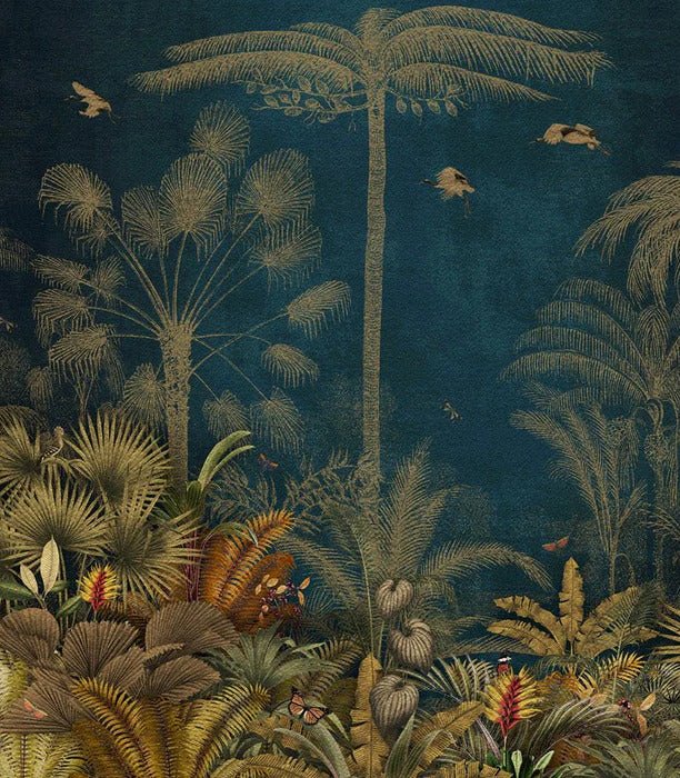 Papier peint jungle gravure bleu