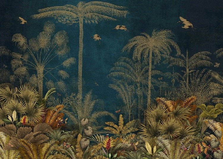 Papier peint jungle gravure bleu