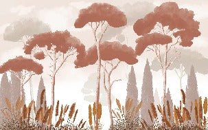 Terracotta cypress pine and pampas grass wallpaper