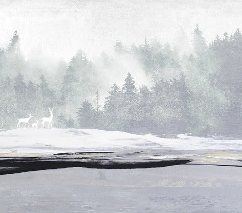 Papier peint forêt brumeuse et cerfs