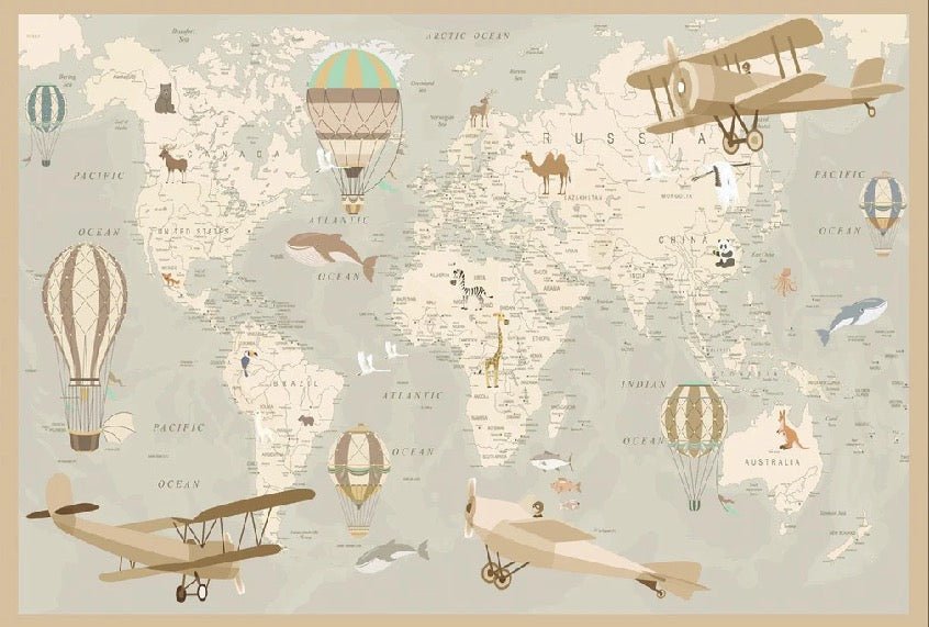 Papier peint enfant carte du monde aviateur