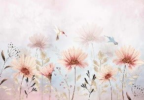 Bucolic flowers & hummingbird wallpaper