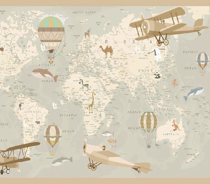 Papier peint enfant carte du monde aviateur