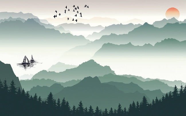 Papier peint montagne et voile sur le lac