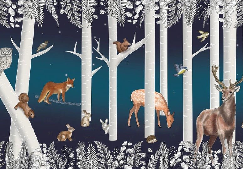 Papier peint enfant bois enchanté et ses animaux nuit étoilée