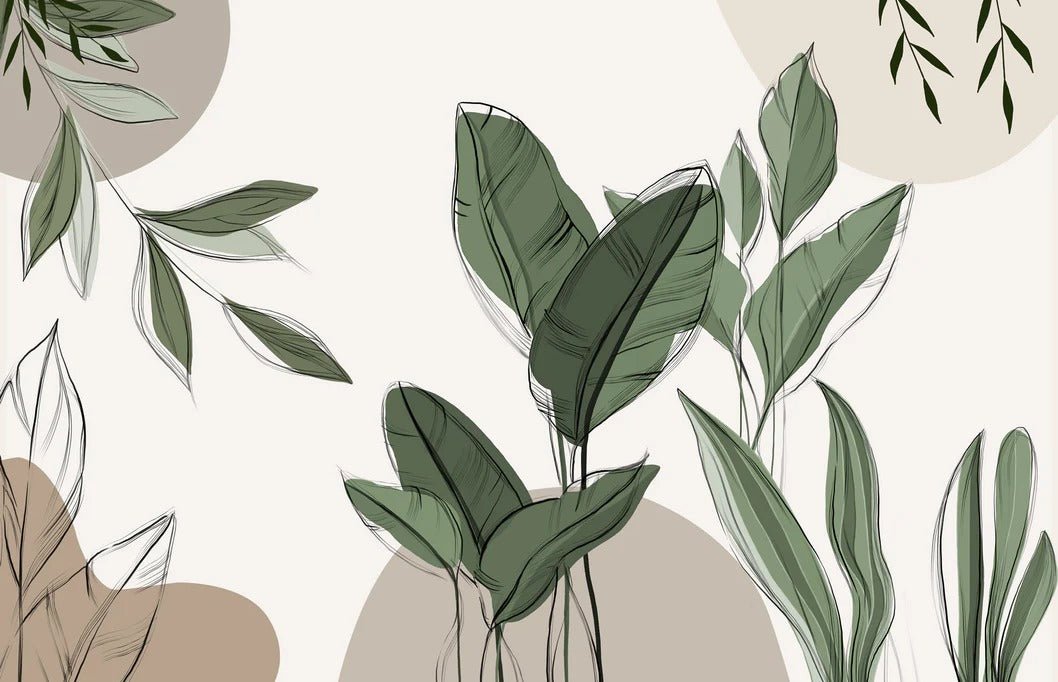 Papier peint panoramique végétal graphique taupe