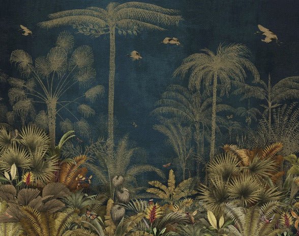 Papier peint jungle gravure bleu