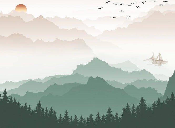 Papier peint montagne dans brume terracotta