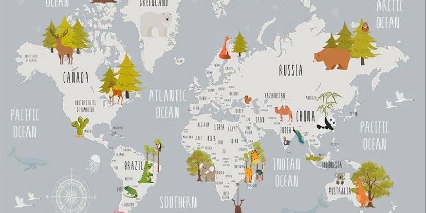 Papier peint chambre enfant map animaux gris clair, XXL, tendance
