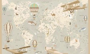 Papier peint enfant carte du monde aviateur, XXL, tendance