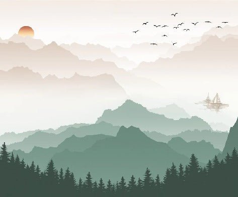 Papier peint montagne dans brume terracotta