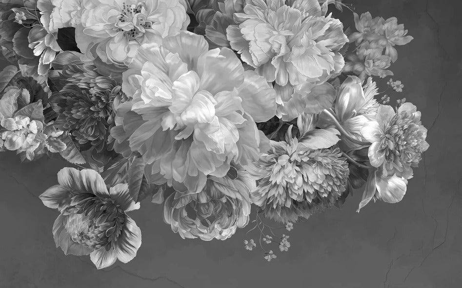 Papier peint fleur pivoine noir et blanc