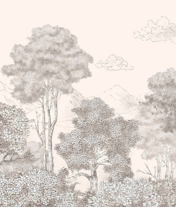 Papier peint panoramique Forêts et Monts Crayonnés Beige, XXL, tendance