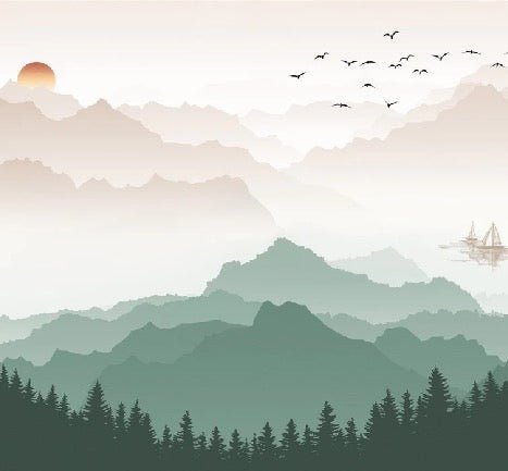 Papier peint montagne dans brume terracotta