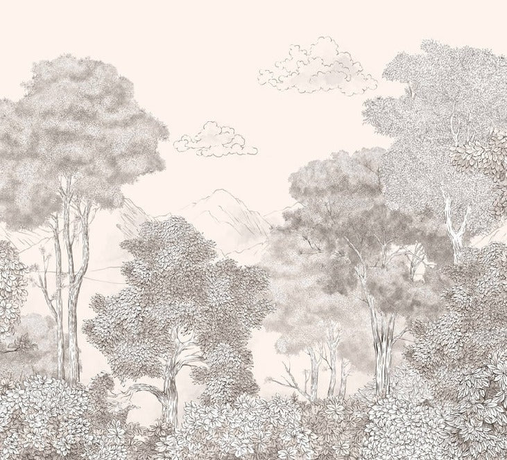 Papier peint panoramique Forêts et Monts Crayonnés Beige, XXL, tendance