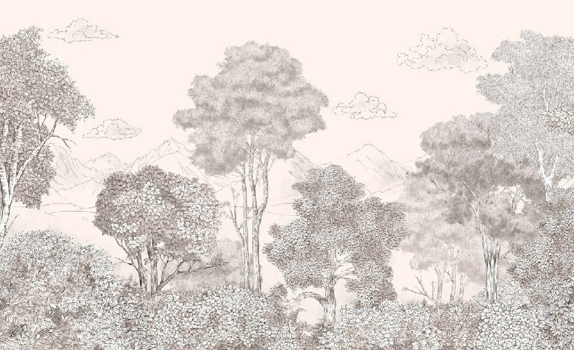 Papier peint panoramique Forêts et Monts Crayonnés Beige, XXL, tendance
