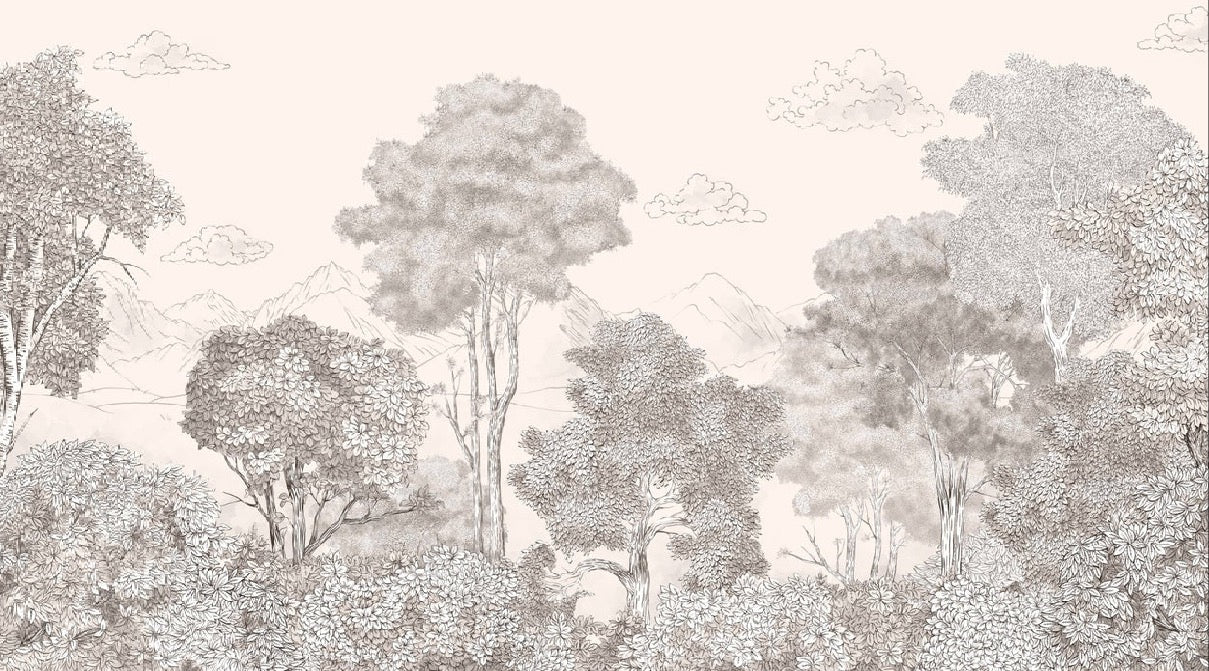 Papier peint panoramique Forêts et Monts Crayonnés Beige, XXL, tendance