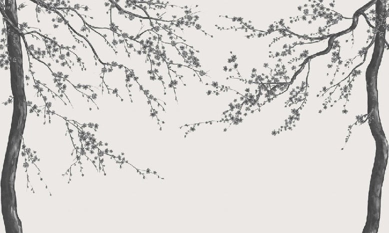 Papier peint panoramique fleur Sakura noir et blanc