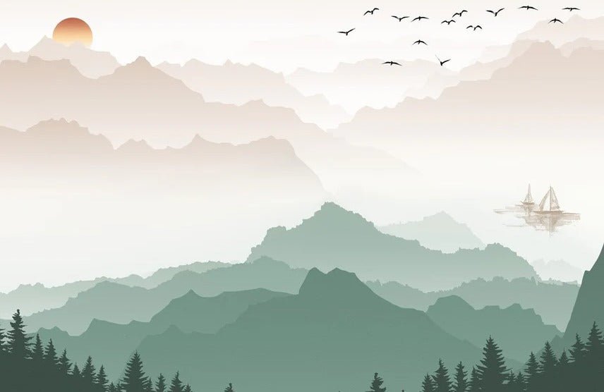 Papier peint montagne dans brume terracotta