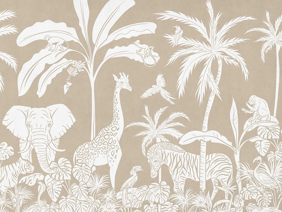 Papier Peint Enfant Safari Monochrome Beige - H300cm x L400cm - Matière Softouch, XXL, tendance