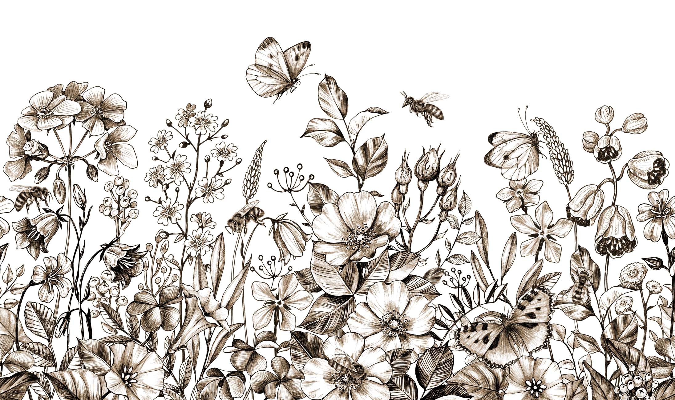 Papier peint restaurant champetre fleur sépia, XXL, tendance