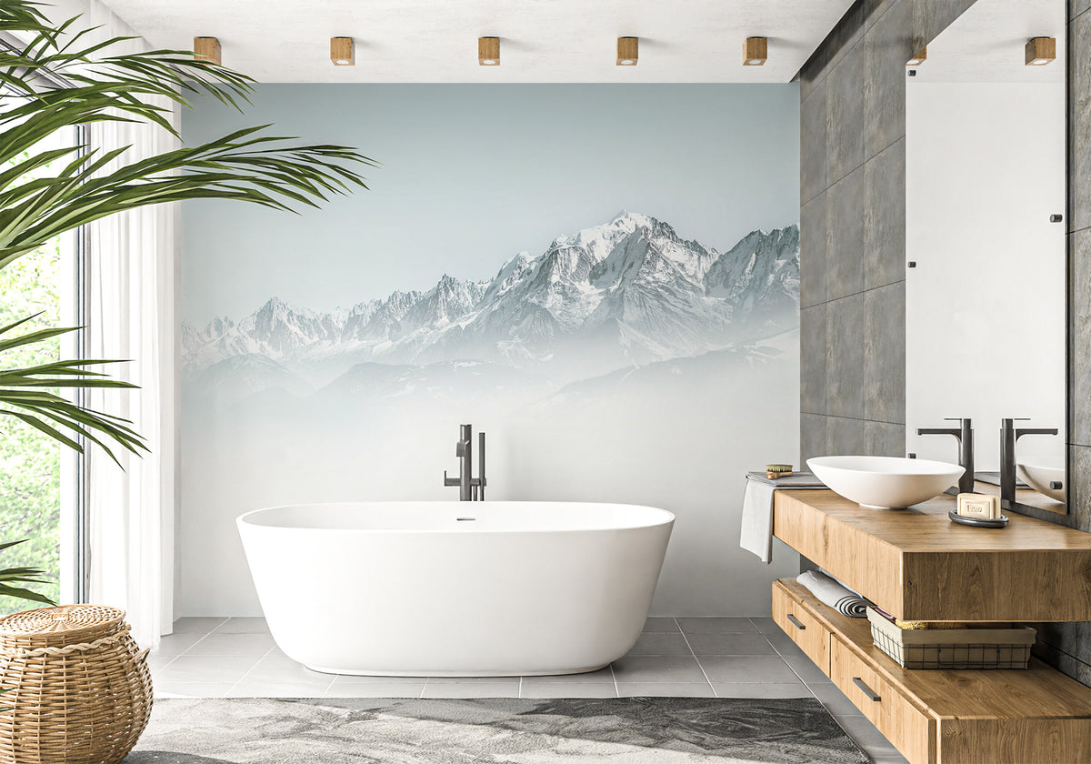 Mont Blanc bathroom wallpaper in the blue mist