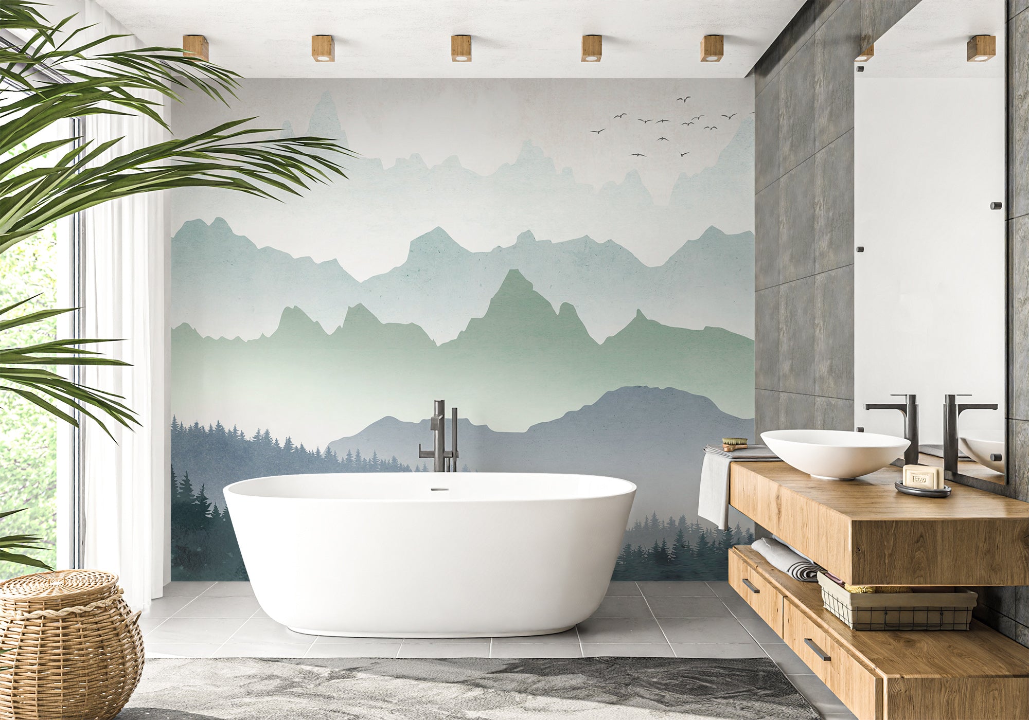 Papier peint salle de bain brume matinale forêt, XXL, tendance