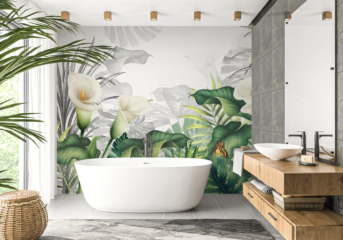 White lily nature bathroom wallpaper