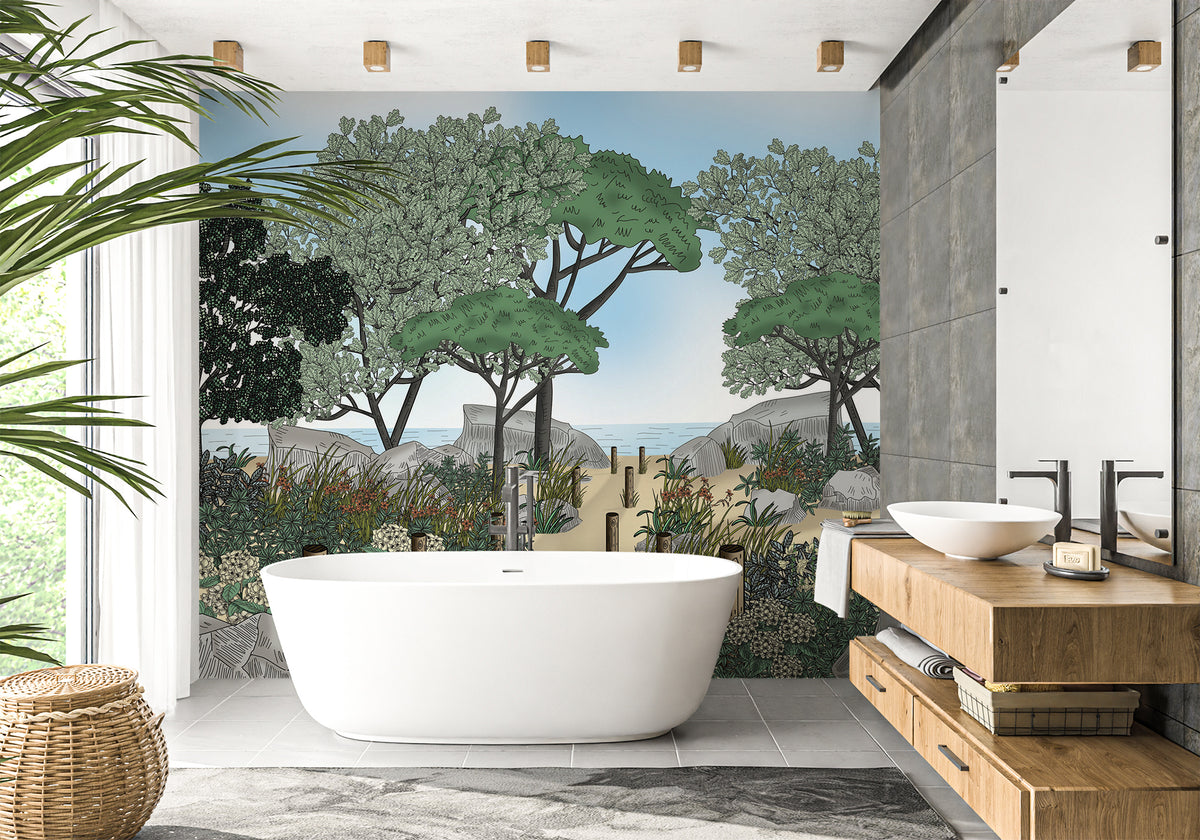 Bathroom wallpaper landscape France seaside