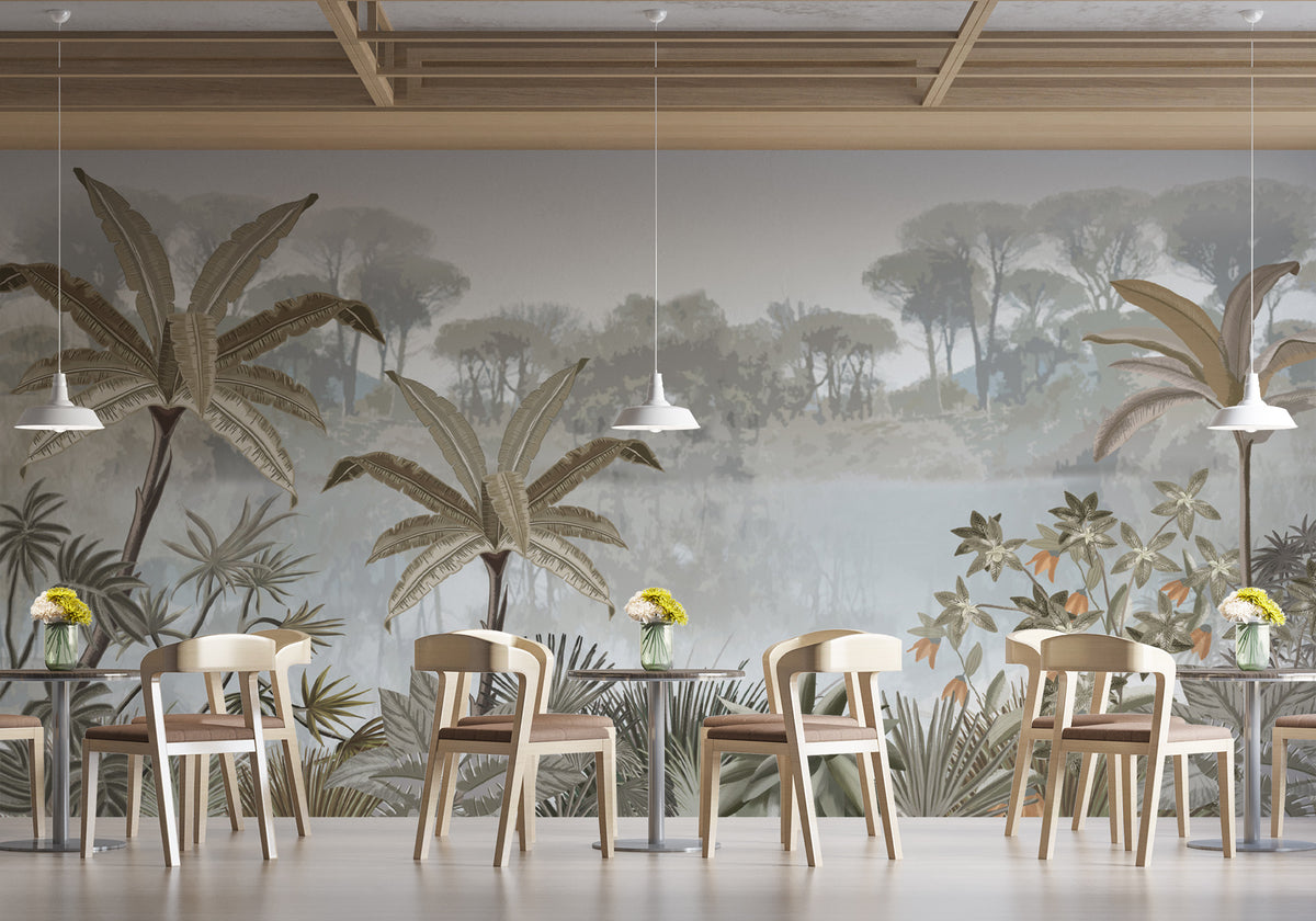 Restaurant wallpaper jungle painting trend