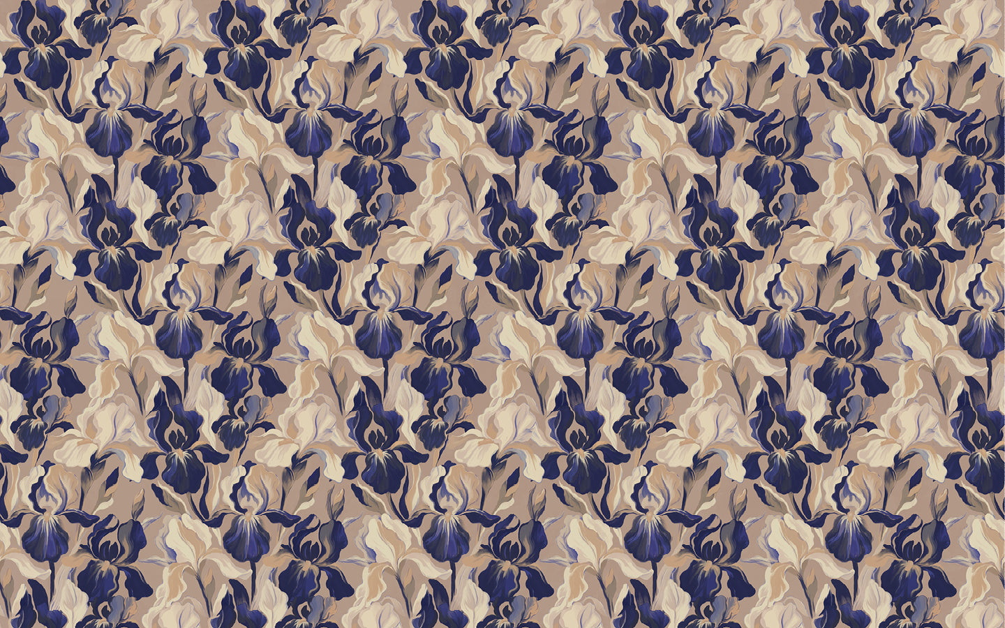 Papier peint motif Iris bleu fond sable - Mural français artistique haut de gamme - Muralconcept