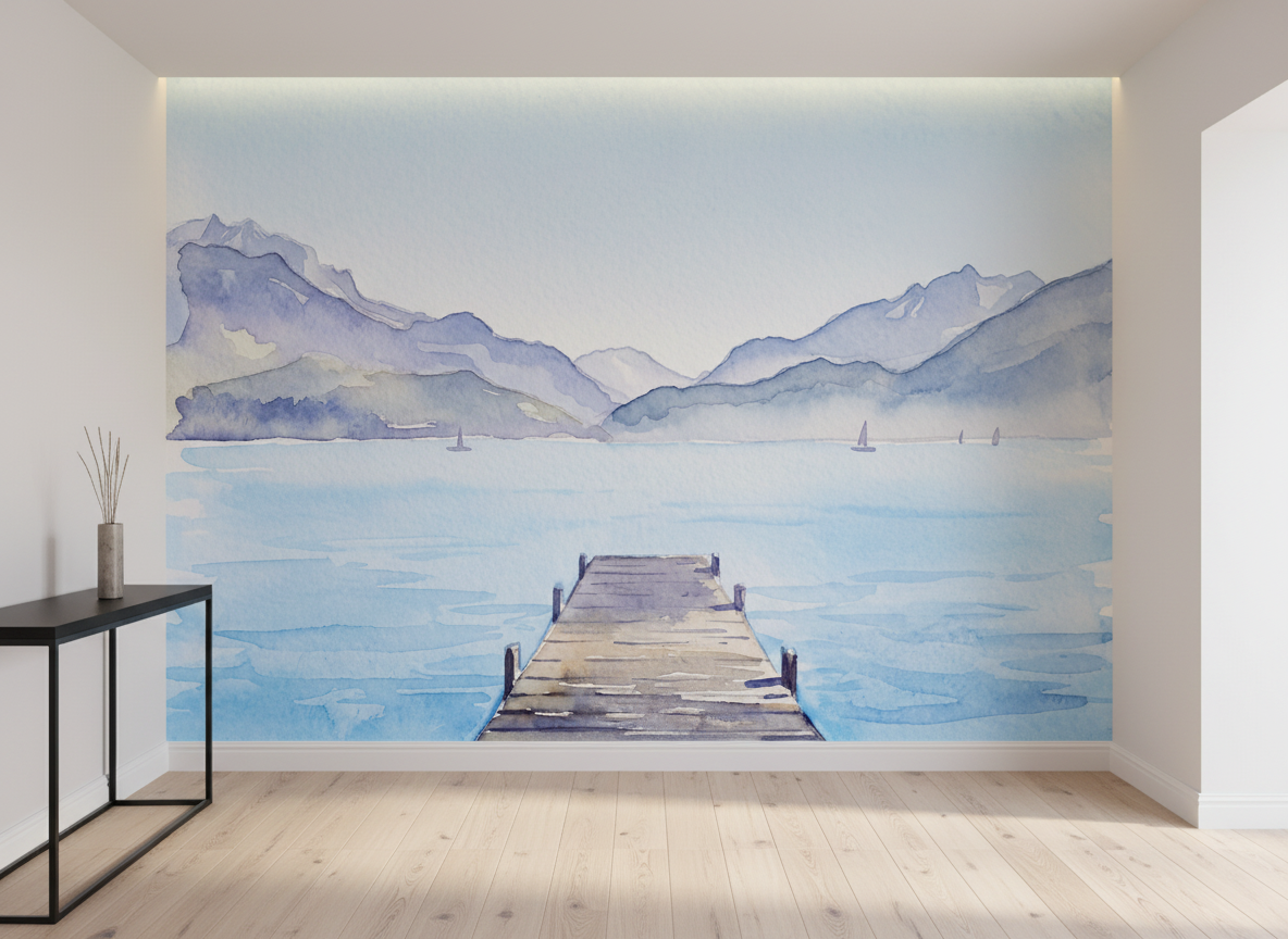 Papier peint aquarelle ponton lac Annecy - Perspective - Muralconcept