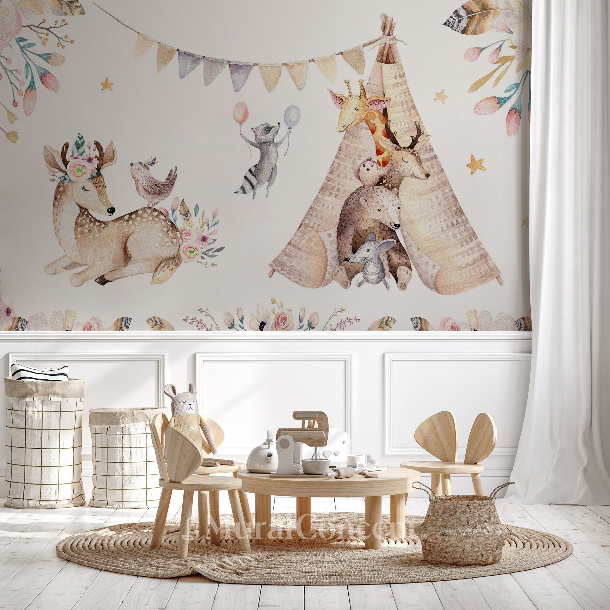 Papier peint panoramique chambre enfant craquant animaux, mural concept, tendance