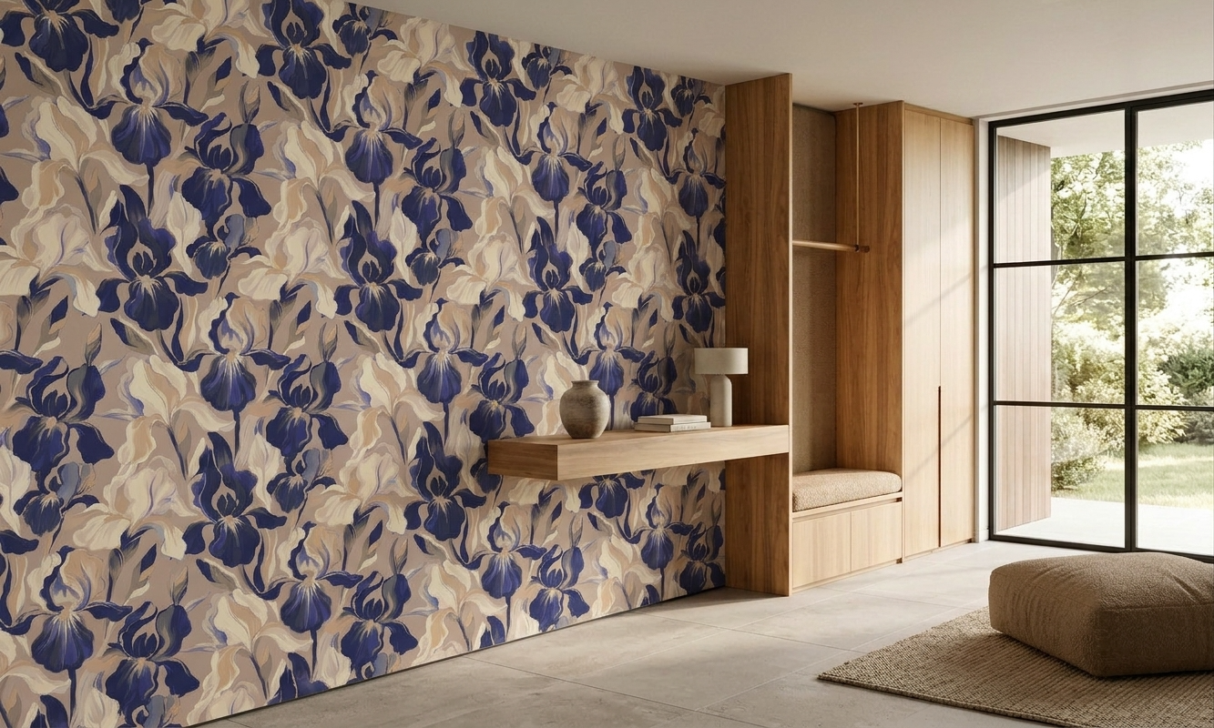 Papier peint motif Iris bleu fond sable - Mural français artistique haut de gamme - Muralconcept