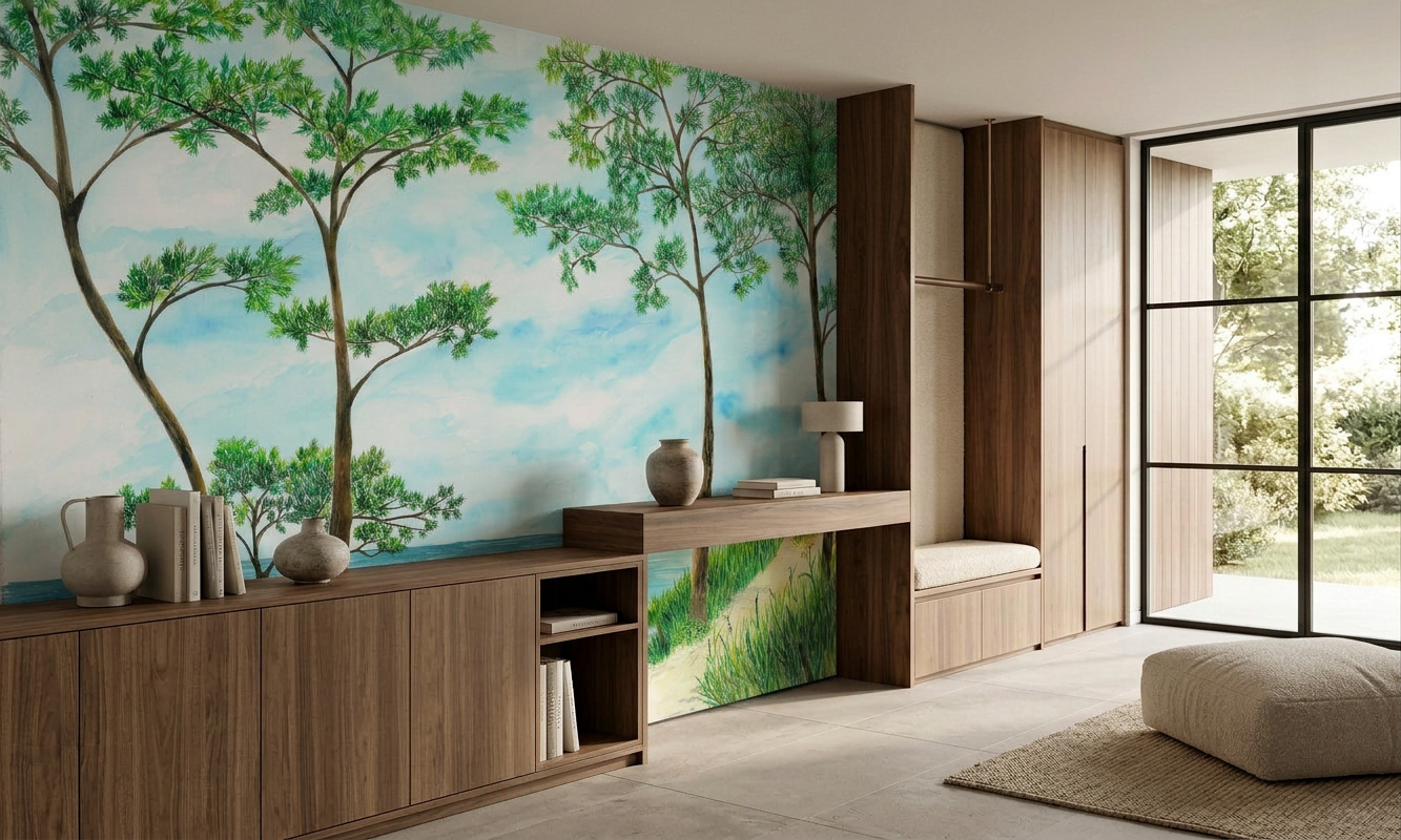 Papier peint Pins maritimes et dunes - Vert - Muralconcept